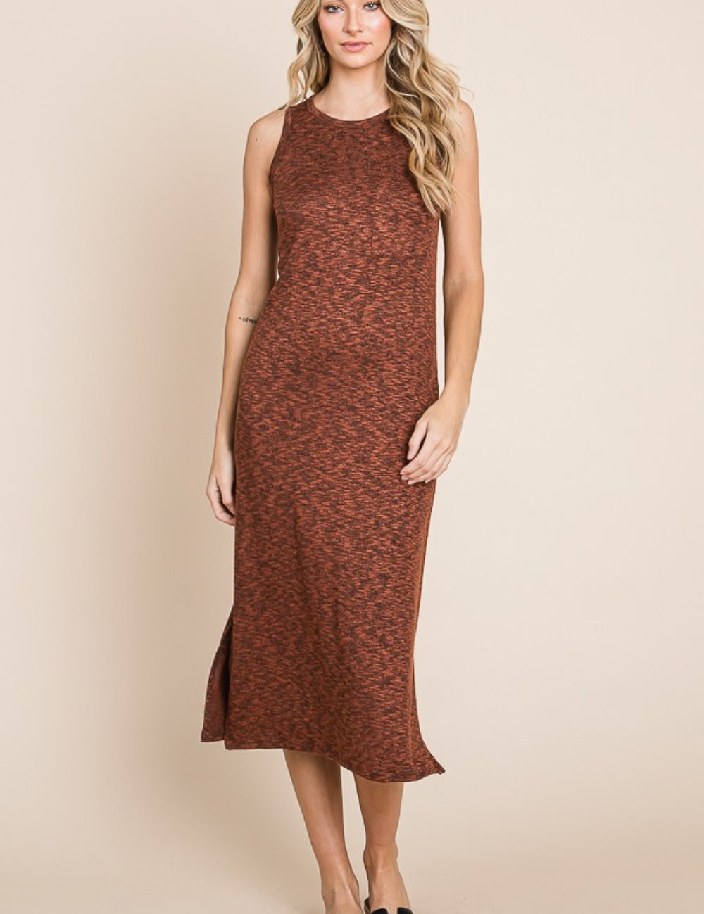 Rust BOMBOM Slit Round Neck Sleeveless Midi Dress | Daverri Fashions