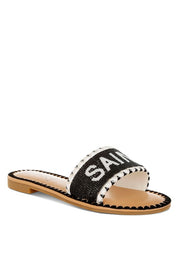 Black Luxe Getaway Beaded Saint Tropez Flat Slip Ons | Slides Daverri Fashions