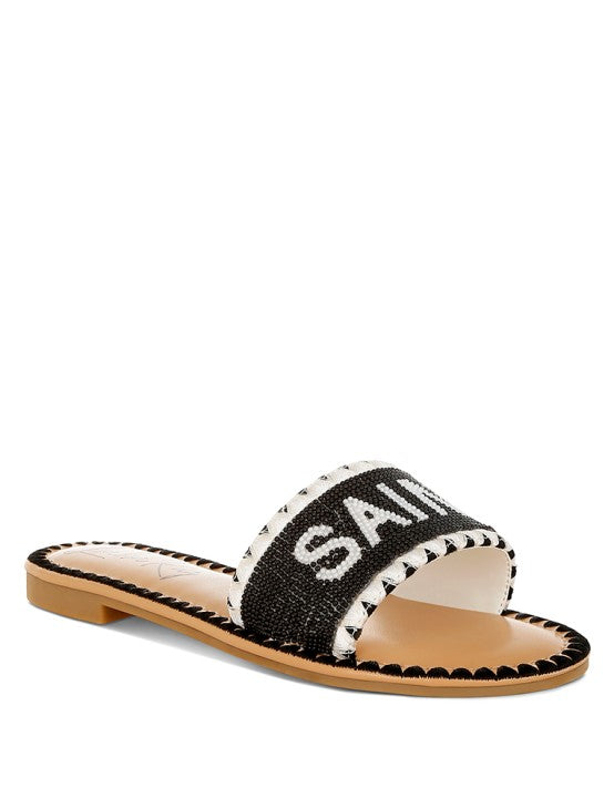 Black Luxe Getaway Beaded Saint Tropez Flat Slip Ons | Slides Daverri Fashions