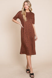 BOMBOM Round Neck Side Slit Midi Dress | Daverri Fashions