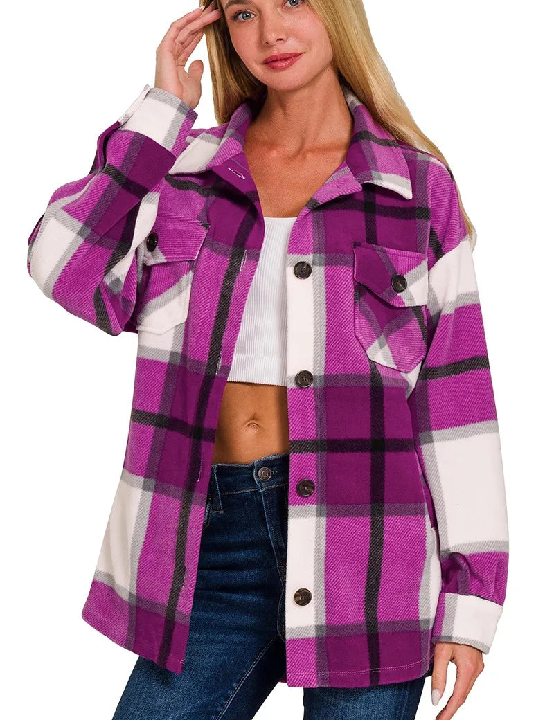 Zenana Oversized Plaid Fleece Shacket | Daverri Fashions
