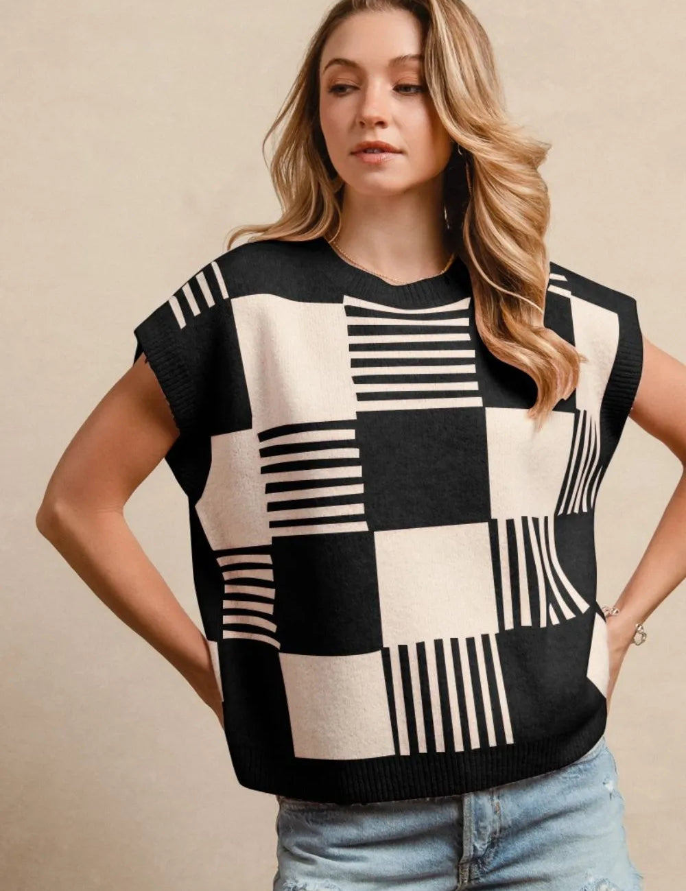 BLACK IVORY BiBi Checker With Stripes Pattern Sleeveless Sweater | Sweaters Daverri Fashions