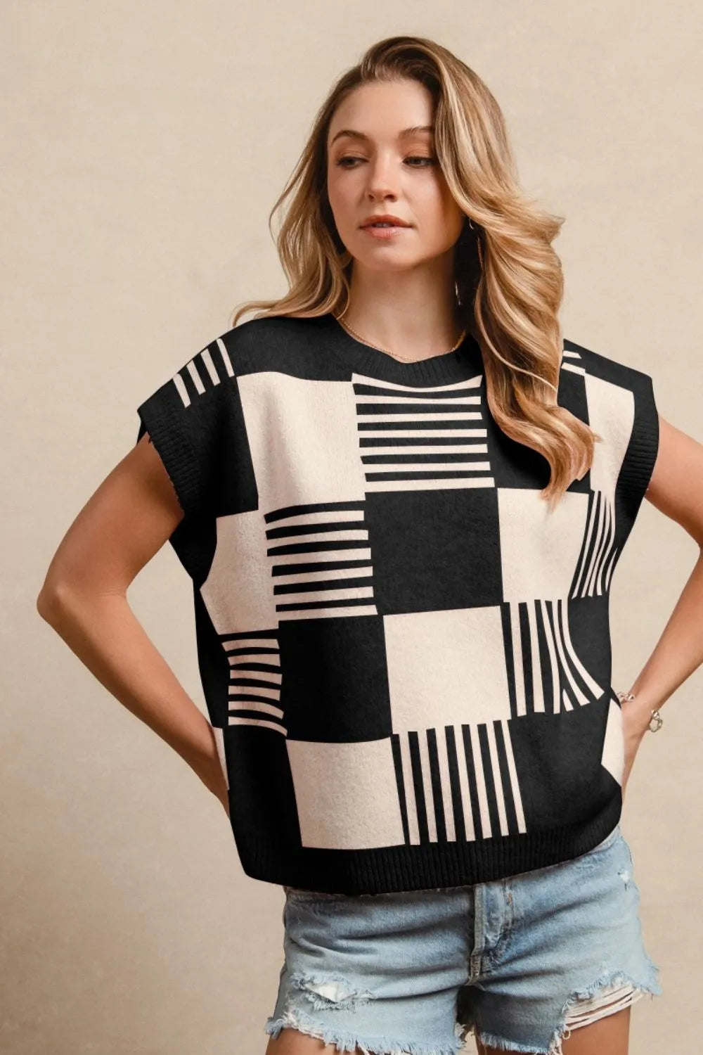 BLACK IVORY BiBi Checker With Stripes Pattern Sleeveless Sweater | Sweaters Daverri Fashions