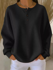 Black Full Size Waffle Knit Button Detail Top Plus Size | Knit Tops Daverri Fashions