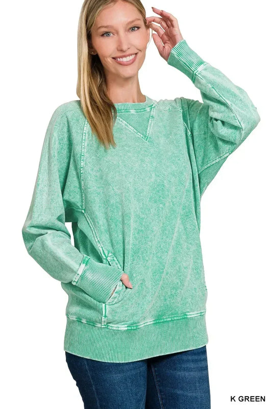 Zenana Halo Snow Washed French Terry Round Neck Sweatshirt K Green - DAVERRI FASHIONS