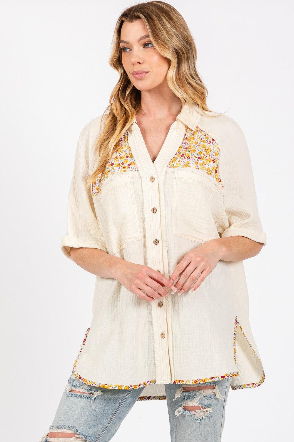 SAGE + FIG Full Size Floral Detail Button Up Short Sleeve Shirt | Shirts Daverri Fashions
