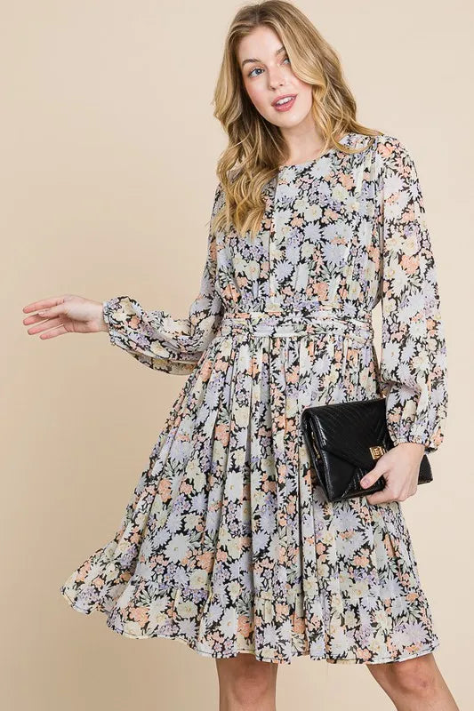 BLACK FLORAL Lime 'N' Chili Chiffon Floral Print Belted Dress with Back Zipper | Daverri Fashions