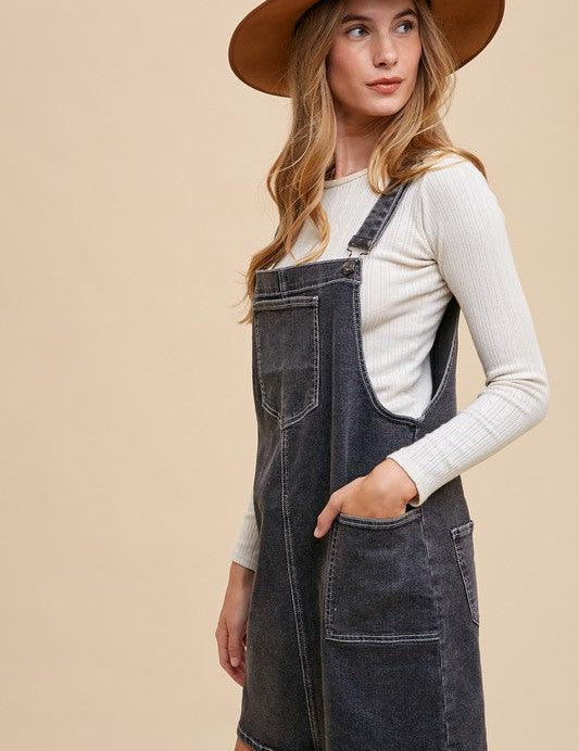 Annie Wear Wide Strap Denim Overall Dress with Pockets | Mini Dresses Daverri Fashions