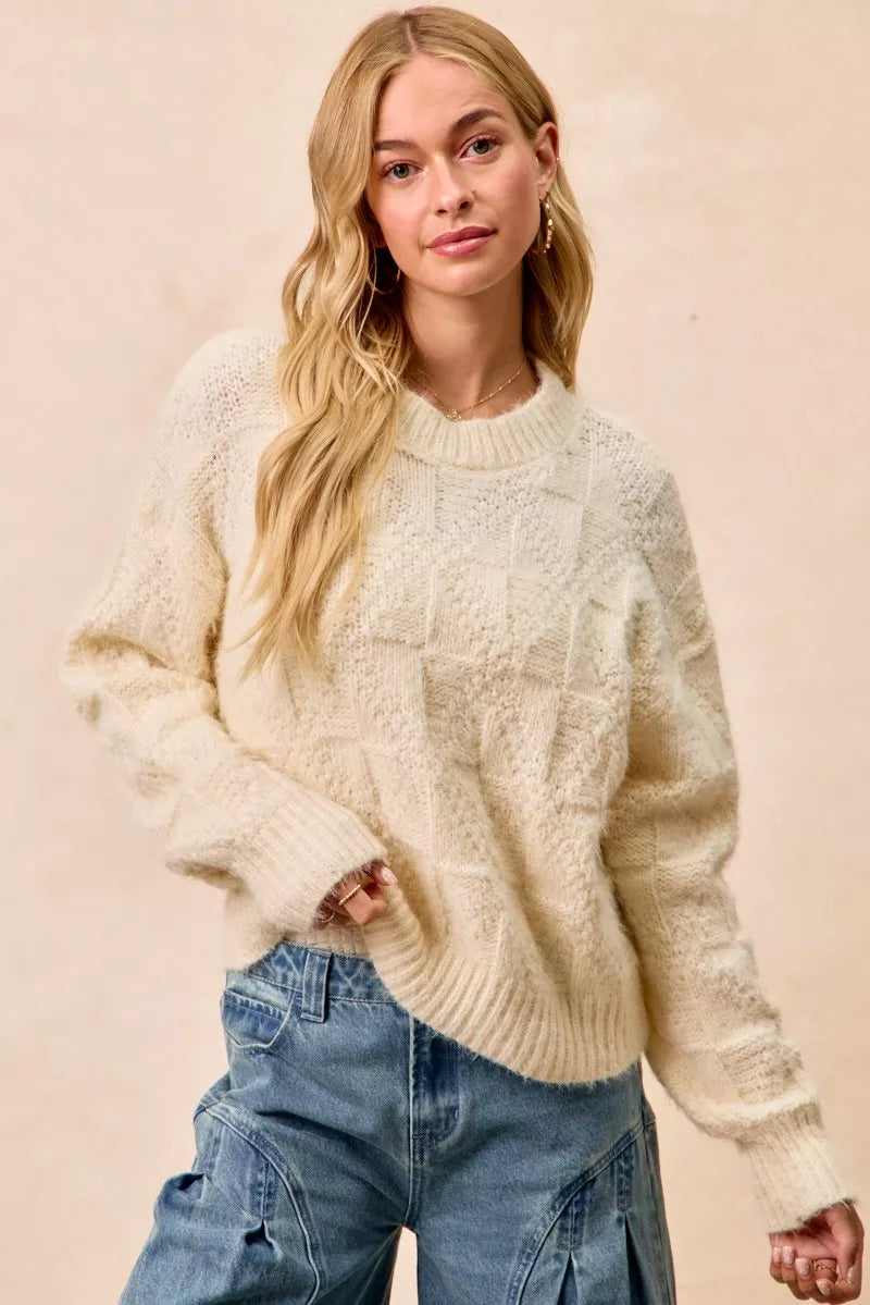 IVORY BiBi Checker Board Drop Shoulder Sweater | Sweaters Daverri Fashions