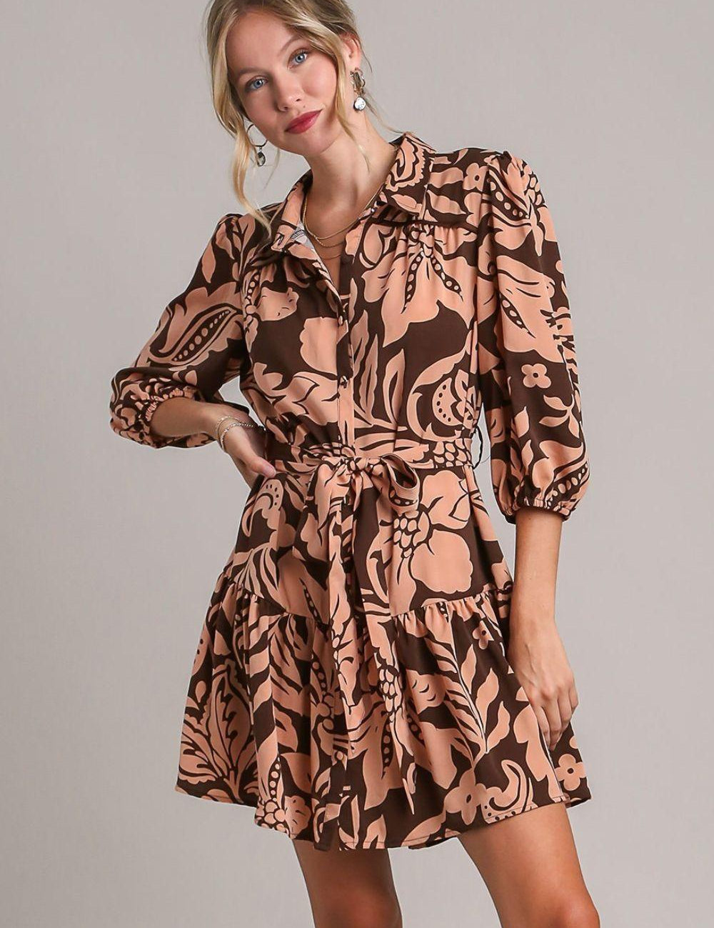 Umgee Two Tone Floral Print Puff Sleeve Tie Waist Dress | Mini Dresses Daverri Fashions
