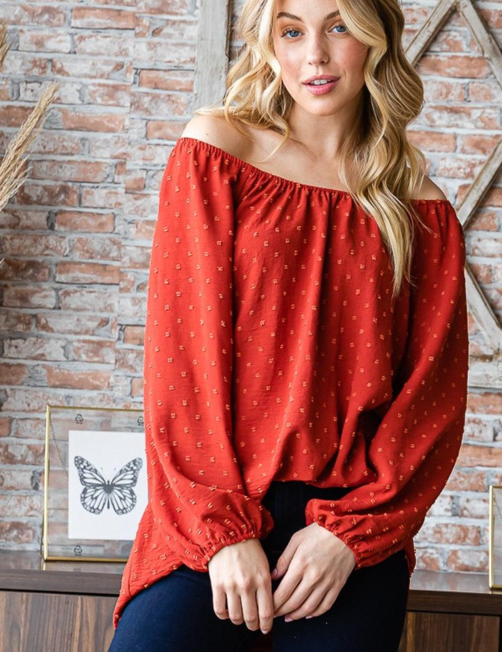 Rust Heimish Full Size Swiss Dot Off Shoulder Top | Tops Daverri Fashions