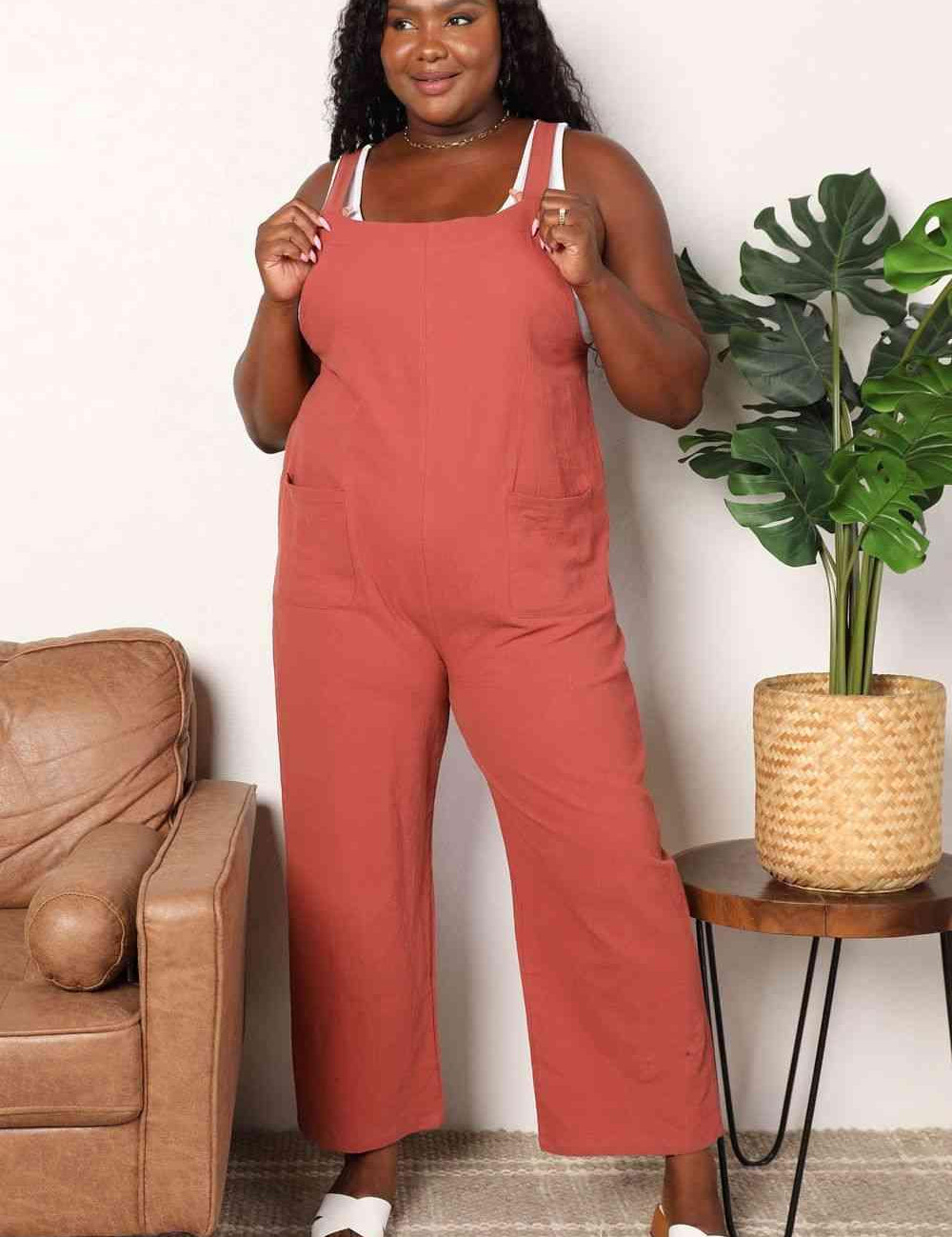 Orange-Red S Perfee Wide Leg Overalls with Front Pockets | Daverri Fashions