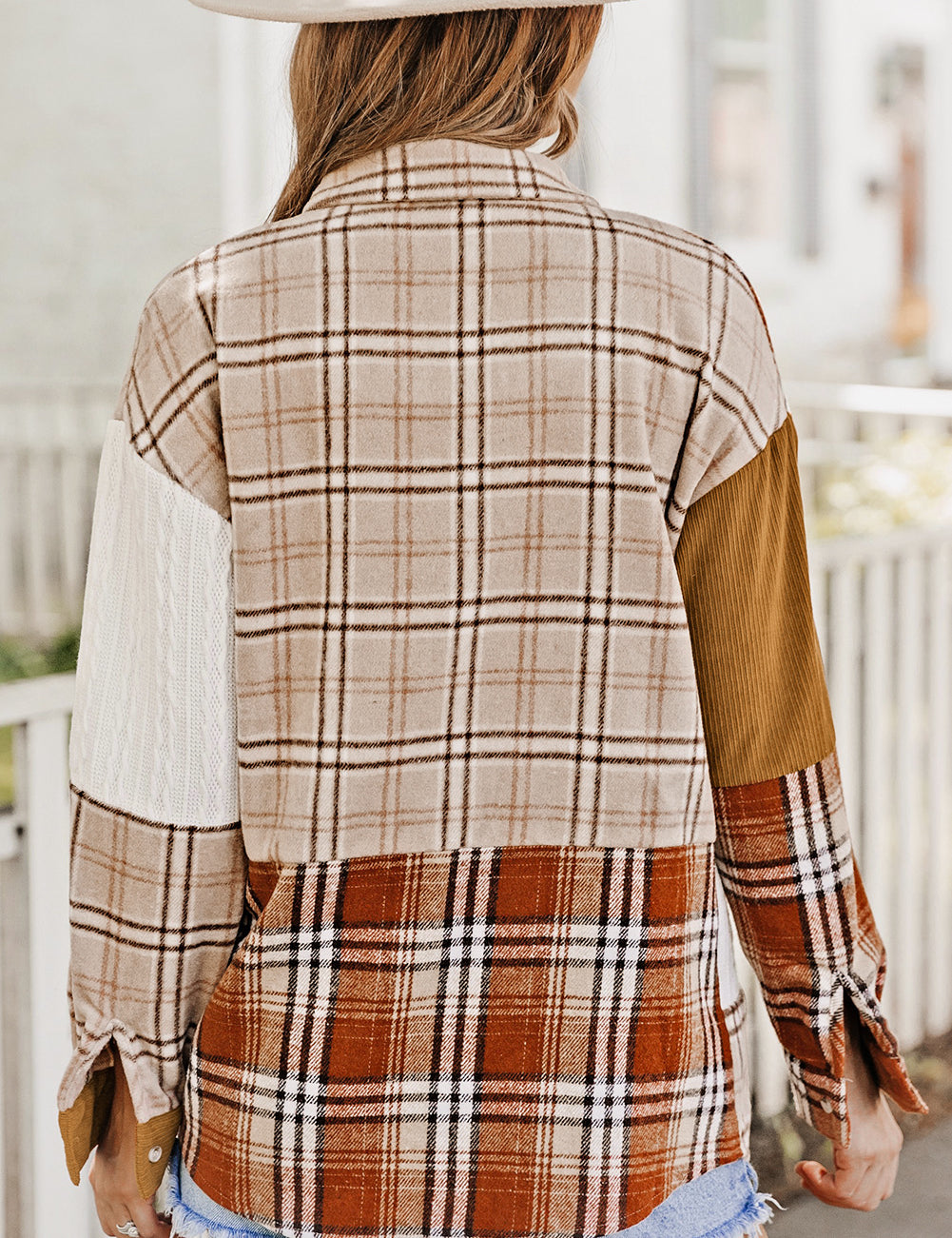 Orange Plaid Color Block Patchwork Shirt Jacket with Pocket | Shackets Daverri Fashions