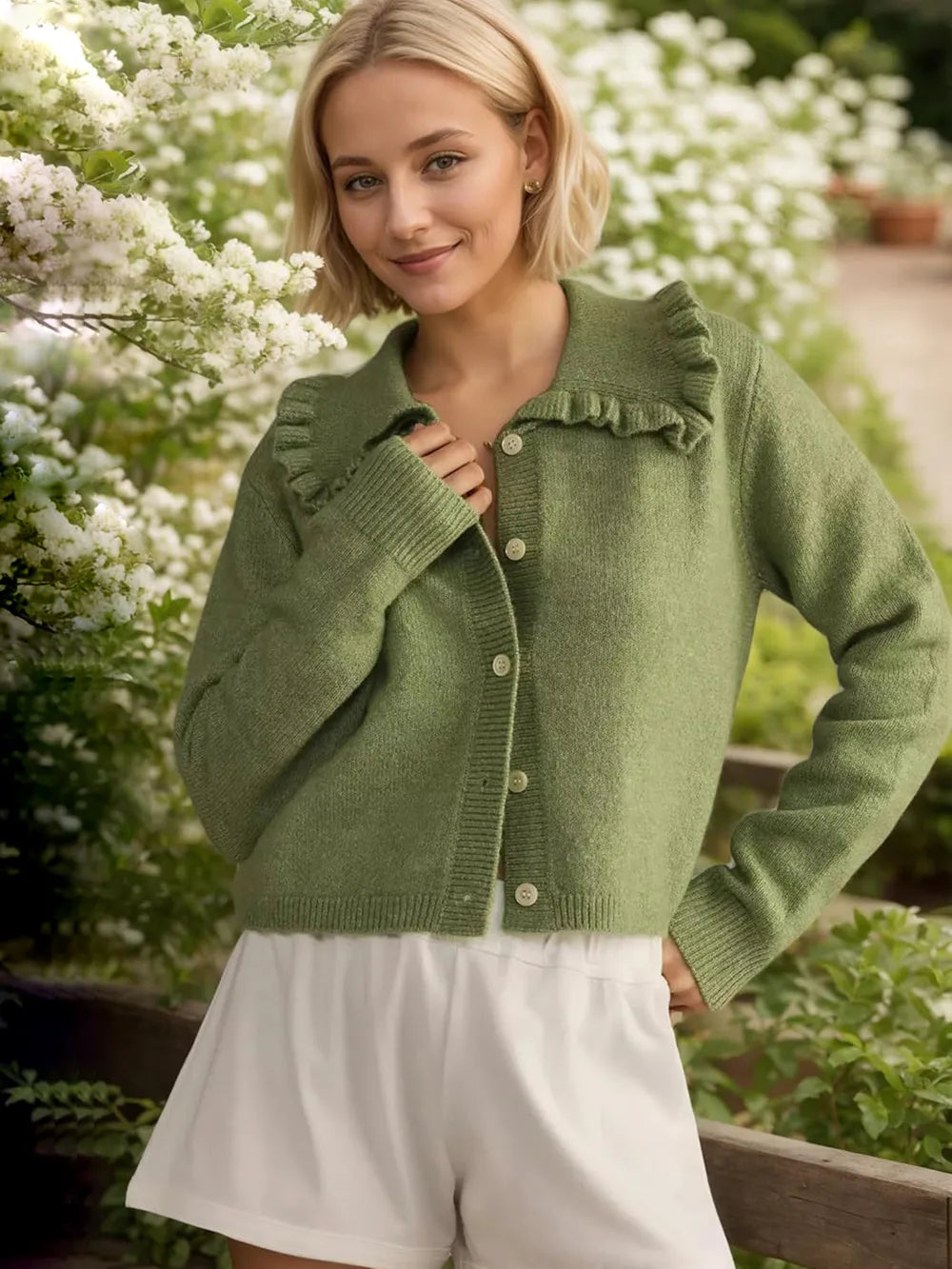 Frill Button Up Collared Neck Long Sleeve Cardigan | Cardigans Daverri Fashions