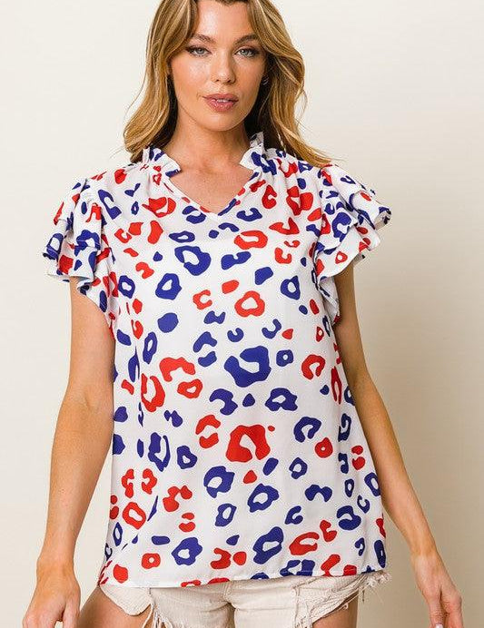 BiBi Leopard Notched Ruffled Cap Sleeve Blouse | Blouses Daverri Fashions