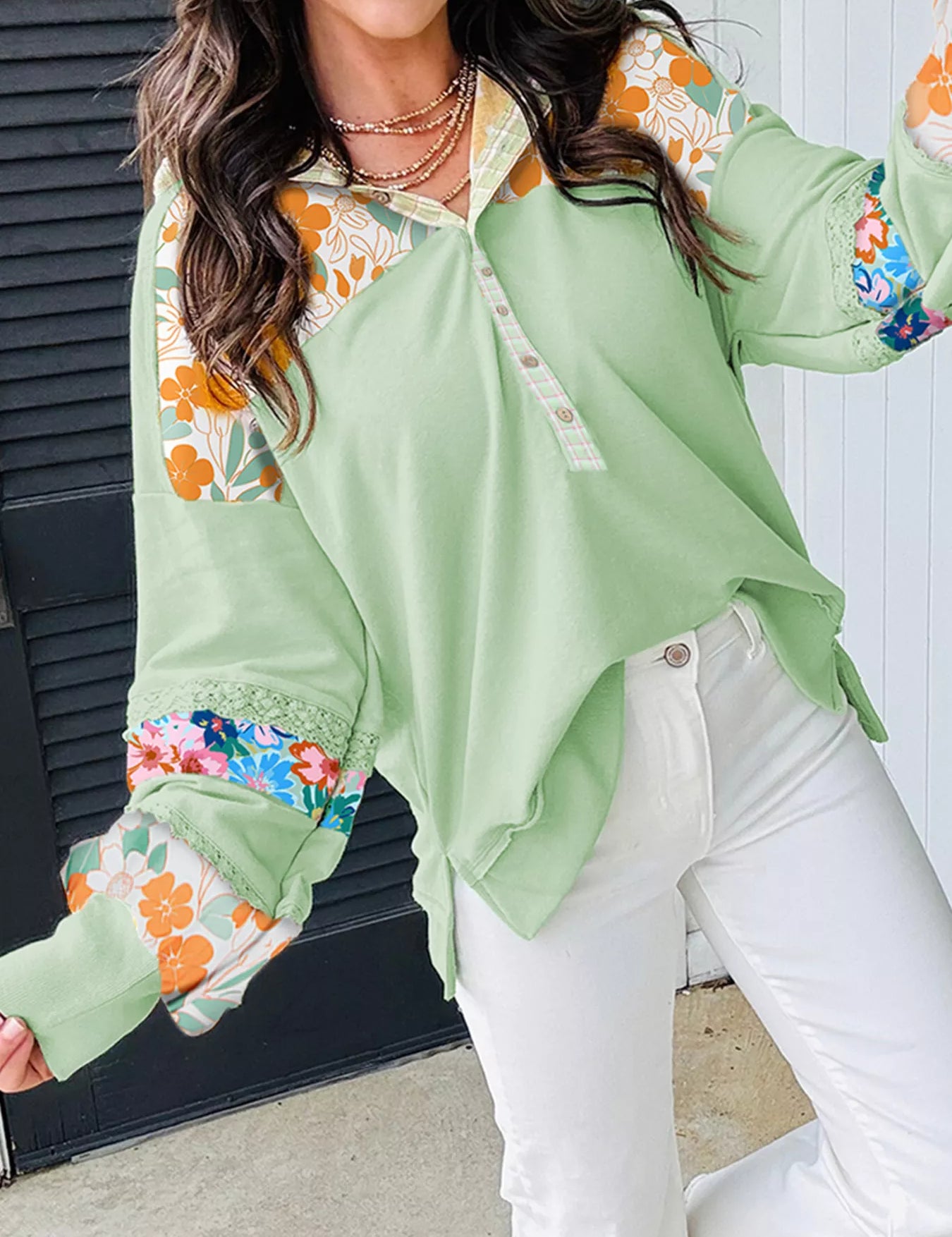 Light Green Lace Floral Patchwork Half Button Hooded Top | Tops Daverri Fashions