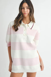 Pink MABLE Oversized Stripe Polo Collar Sweater | Sweaters Daverri Fashions