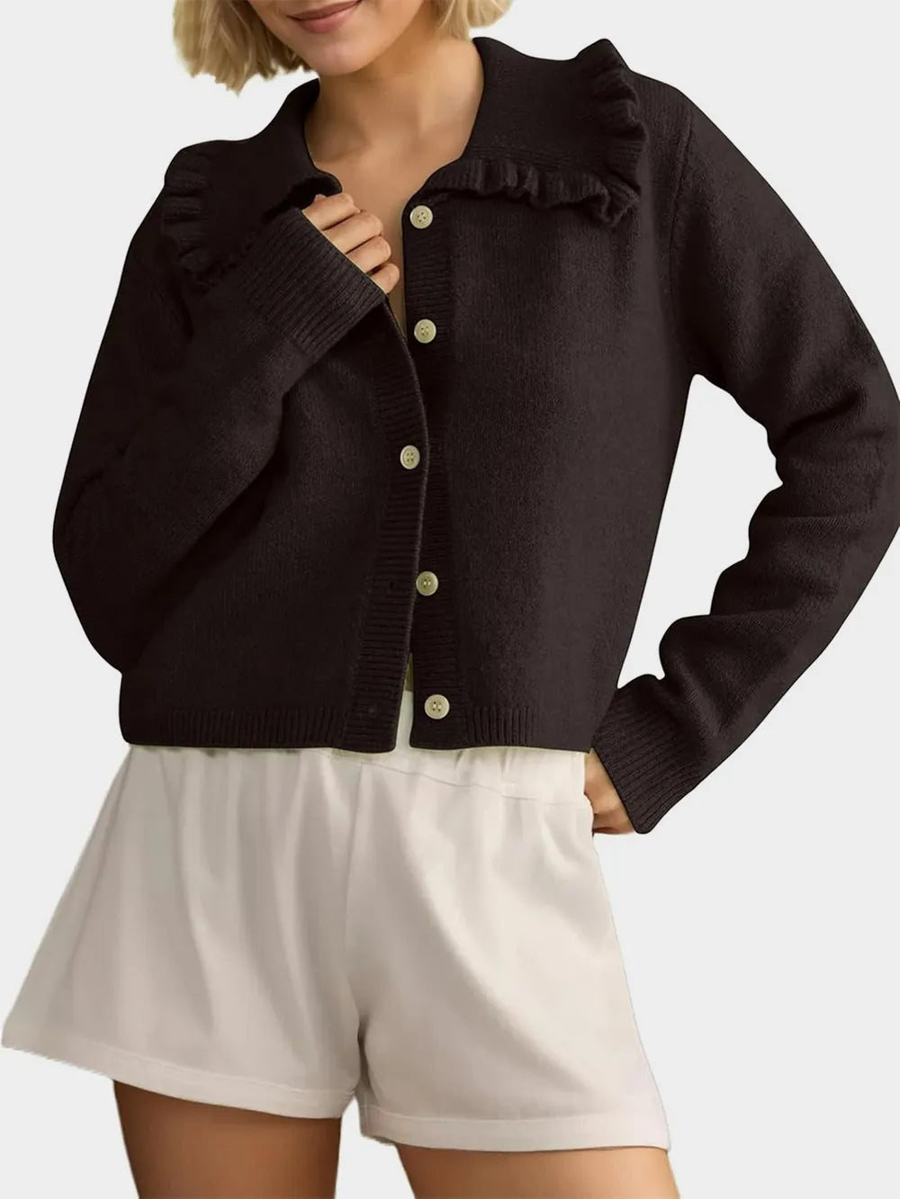 Black Frill Button Up Collared Neck Long Sleeve Cardigan | Cardigans Daverri Fashions