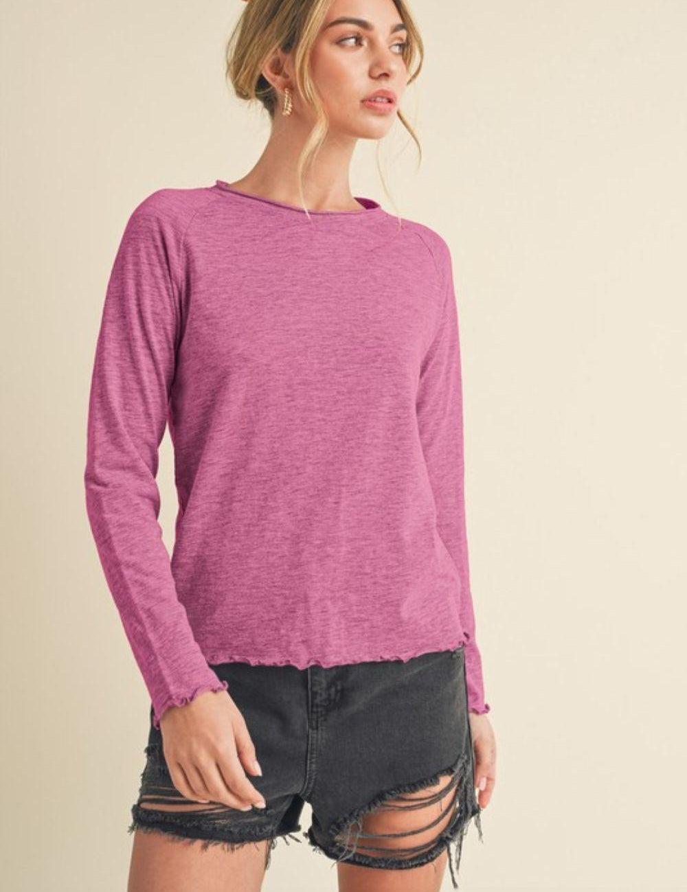 Aemi + Co Lettuce Hemline Round Neck Raglan Sleeve T-Shirt | T-Shirts Daverri Fashions