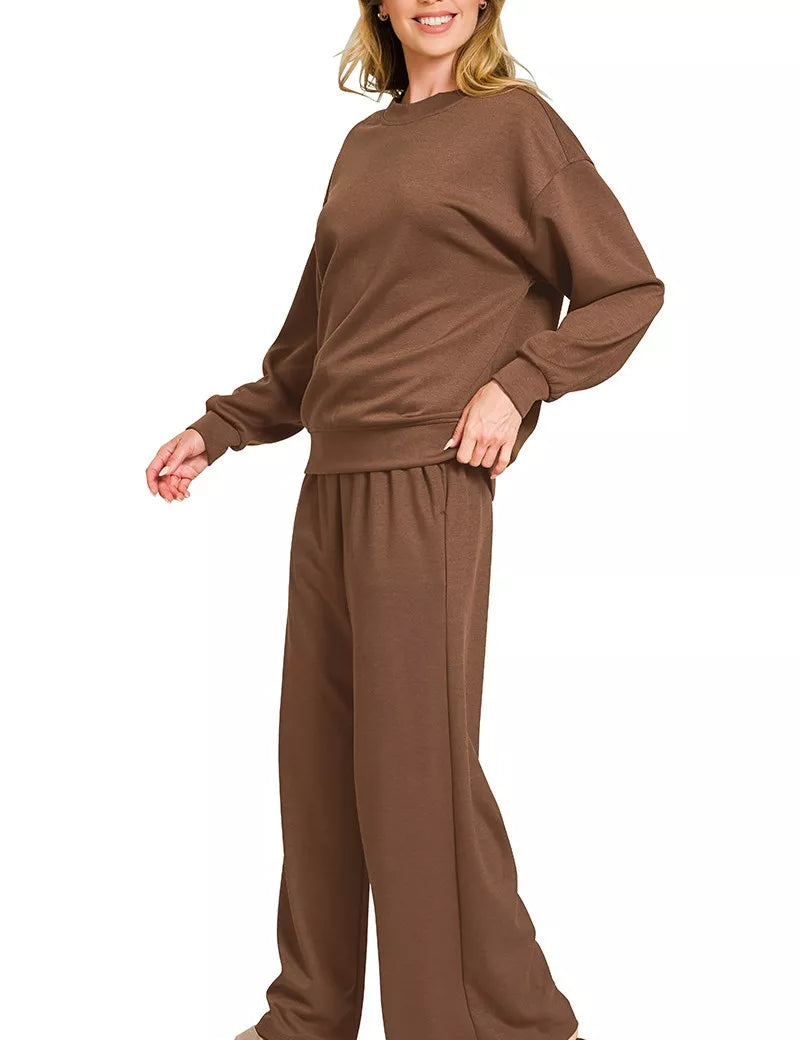 Zenana Scuba Crewneck Pullover and Pants Set Brown | Loungewear Sets Daverri Fashions