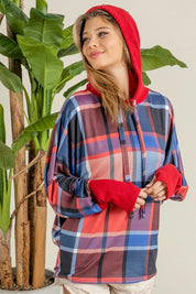BiBi Plaid Mirr Brushed Rib Contrast Thumb Open Hoodie | Hoodies Daverri Fashions