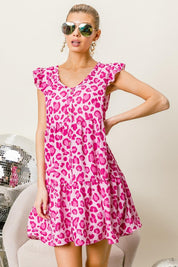 BiBi Leopard Cap Sleeve Tiered Mini Dress | Mini Dresses Daverri Fashions