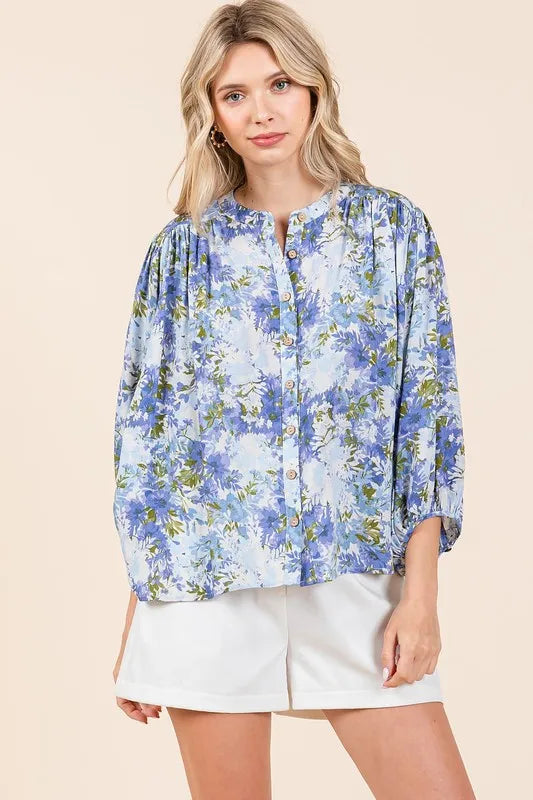 Blue Mittoshop Flower Print Batwing Sleeve Button Down Blouse | Blouses Daverri Fashions