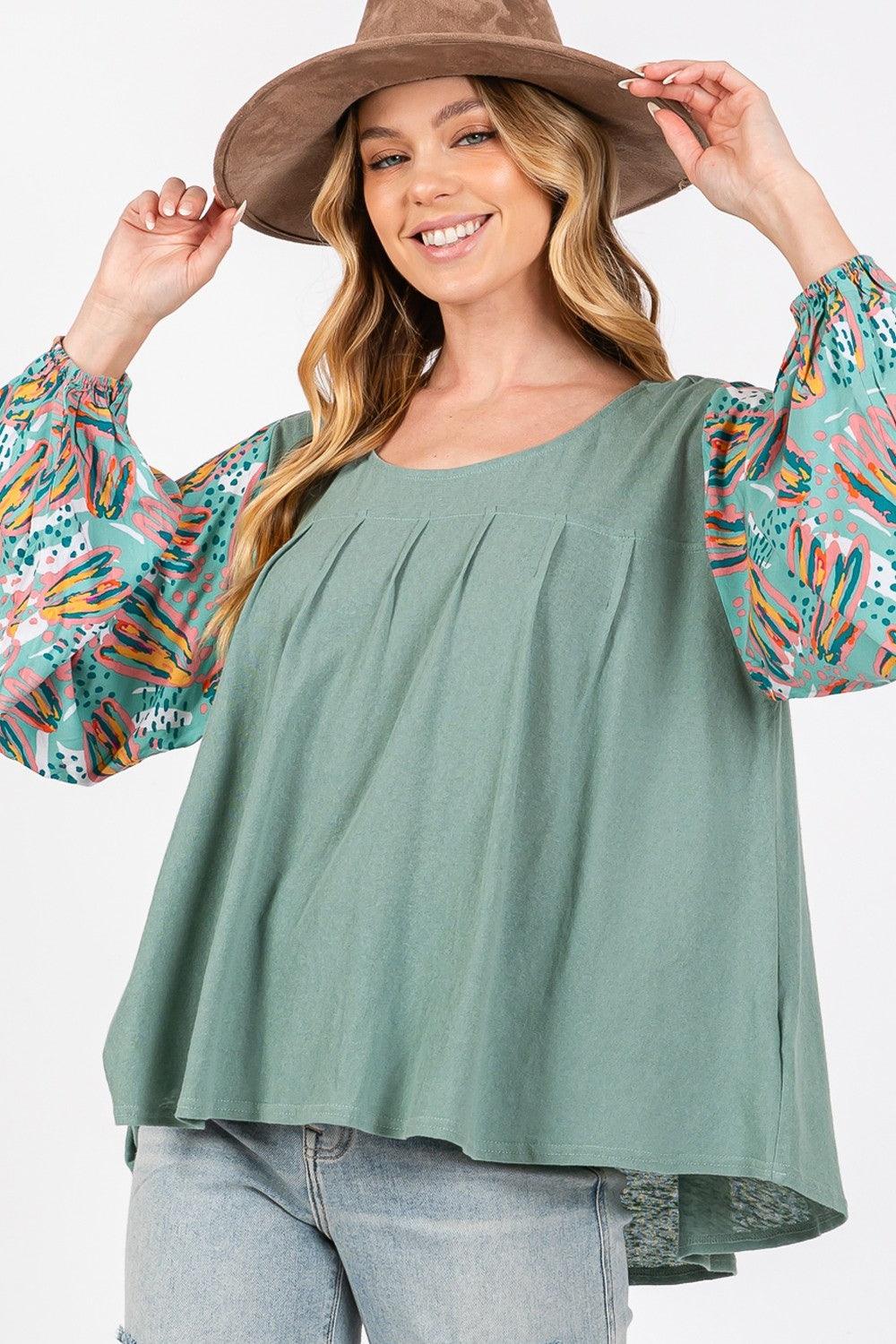 SAGE + FIG Ruched Round Neck Printed Bubble Sleeve Top | Tops Daverri Fashions