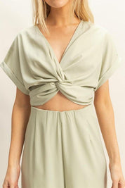 HYFVE Twisted Front Short Sleeve Top and Wide Leg Pants Set | Outfit Sets Daverri Fashions