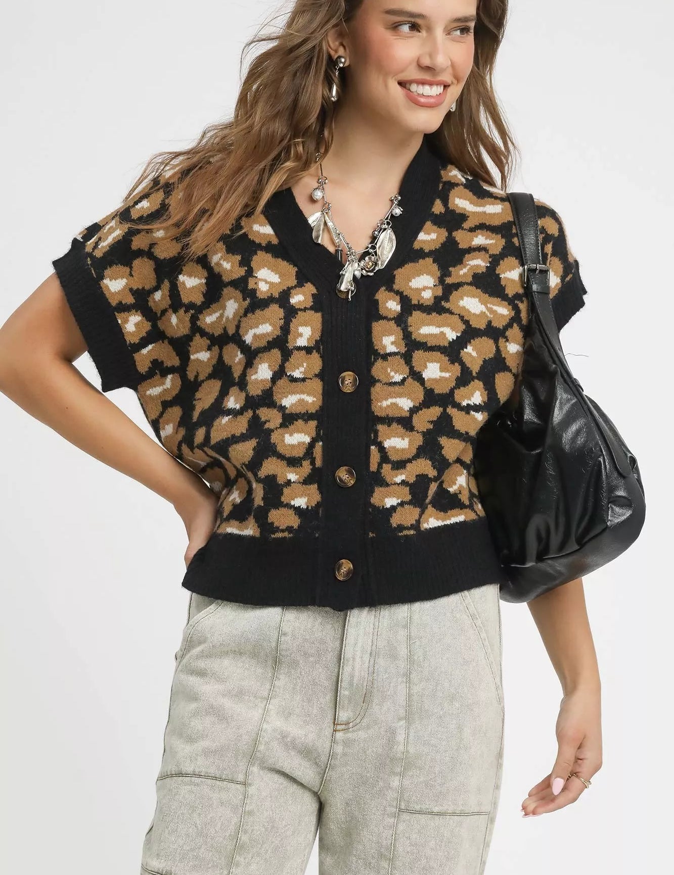 Black Umgee Leopard Button Down Short Sleeve Cardigan | Cardigans Daverri Fashions