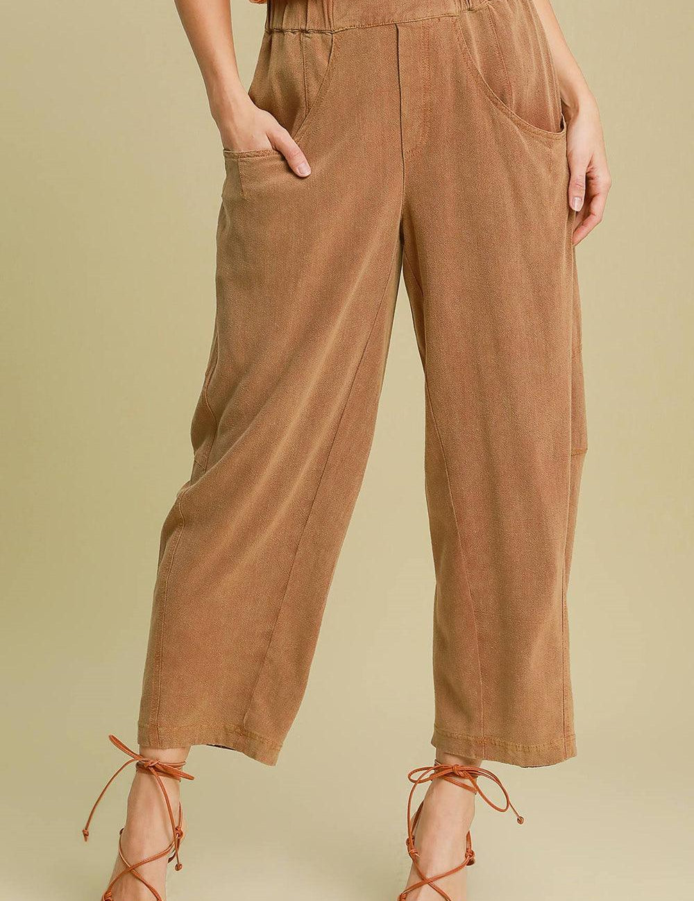 Caramel Umgee Elastic Waist Baggy Fit Pants with Pockets | Pants Daverri Fashions