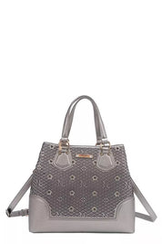 PEWTER OS Monogram Pattern Handbag with Rhinestones Decor | Handbags Daverri Fashions