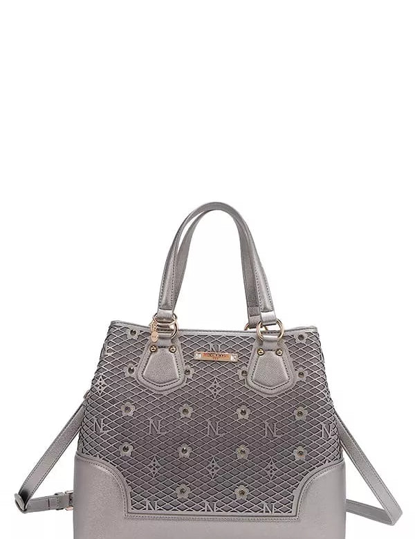 PEWTER OS Monogram Pattern Handbag with Rhinestones Decor | Handbags Daverri Fashions