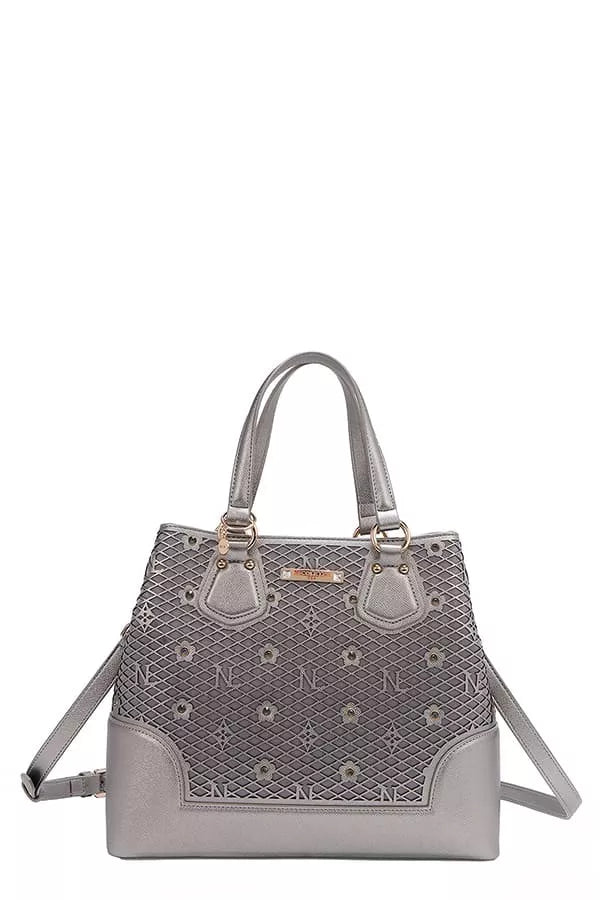 PEWTER OS Monogram Pattern Handbag with Rhinestones Decor | Handbags Daverri Fashions