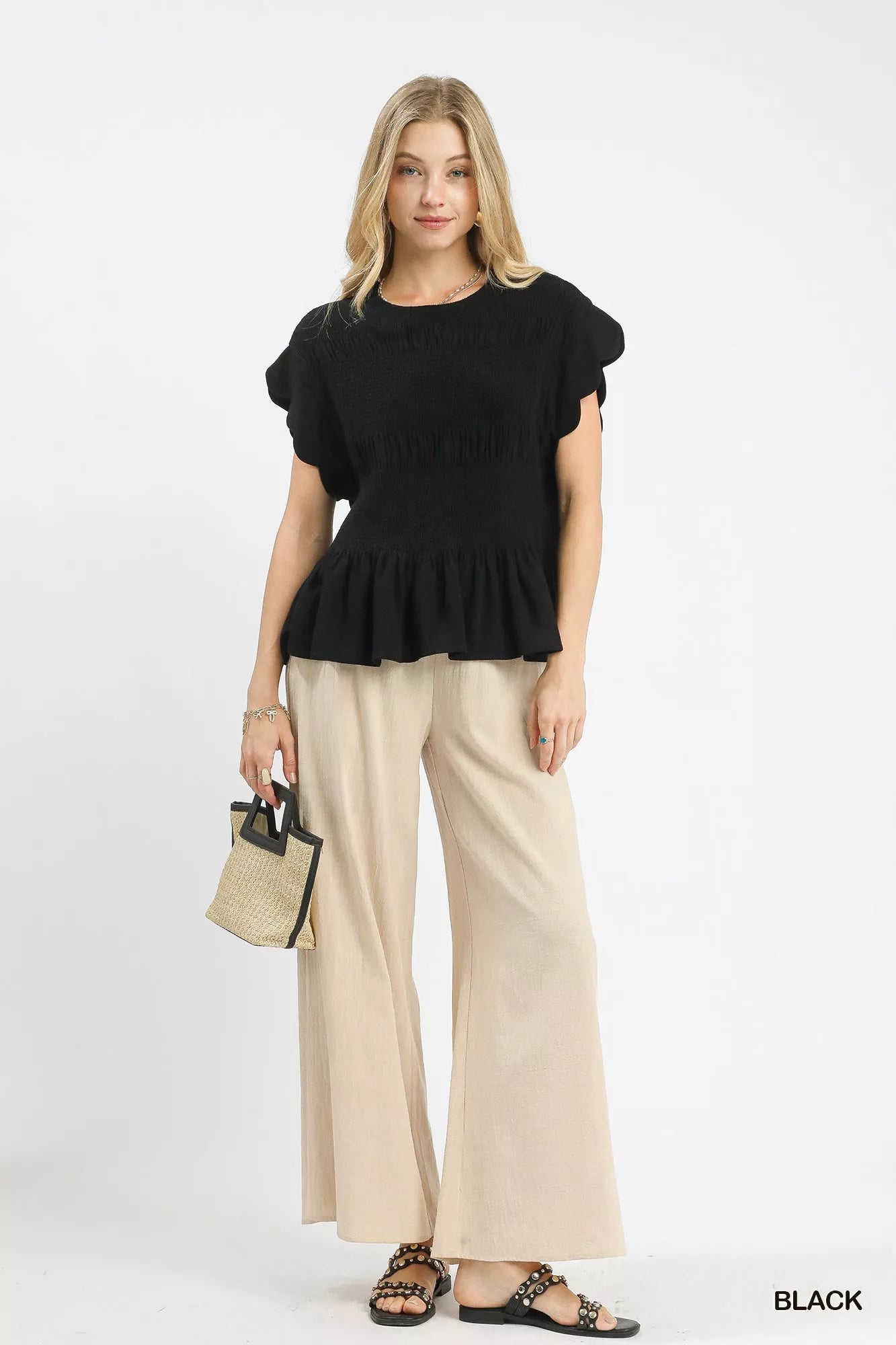 Umgee Linen Blend Smocked Peplum Blouse | Blouses Daverri Fashions