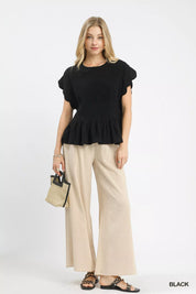 Umgee Linen Blend Smocked Peplum Blouse | Blouses Daverri Fashions