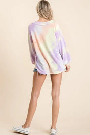BiBi Tie Dye French Terry V-Neck Top with Puff Sleeves | Tops Daverri Fashions