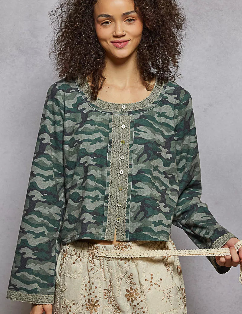 OLIVE CAMO POL Camouflage Print Long Sleeve Top | Blouses Daverri Fashions