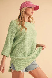 Aemi + Co Side Slit Ribbed Hem Round Neck Sweater | Daverri Fashions