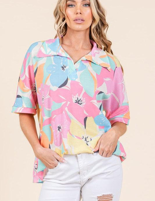 Multicolor BOMBOM Floral Collared Neck Half Sleeve Top | Tops Daverri Fashions