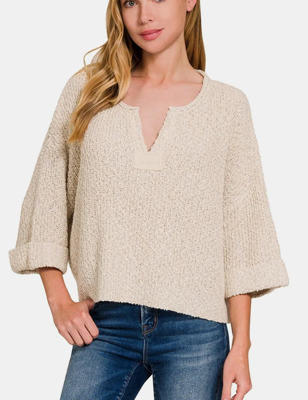 H Sand Beige Zenana Notched Side Slit Patch Sweater | Daverri Fashions