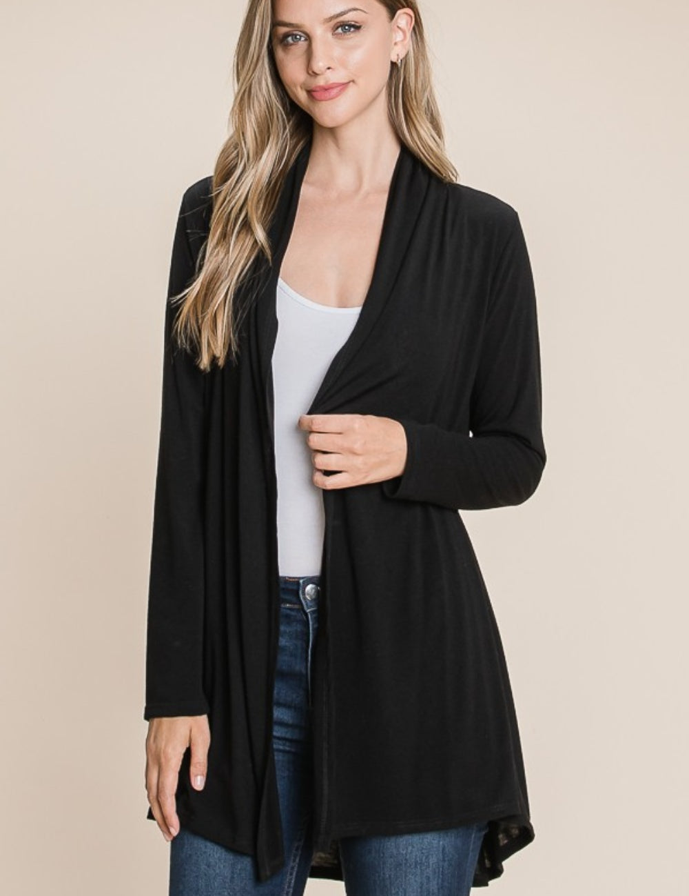 Black BOMBOM Open Front Long Sleeve Cardigan | Daverri Fashions