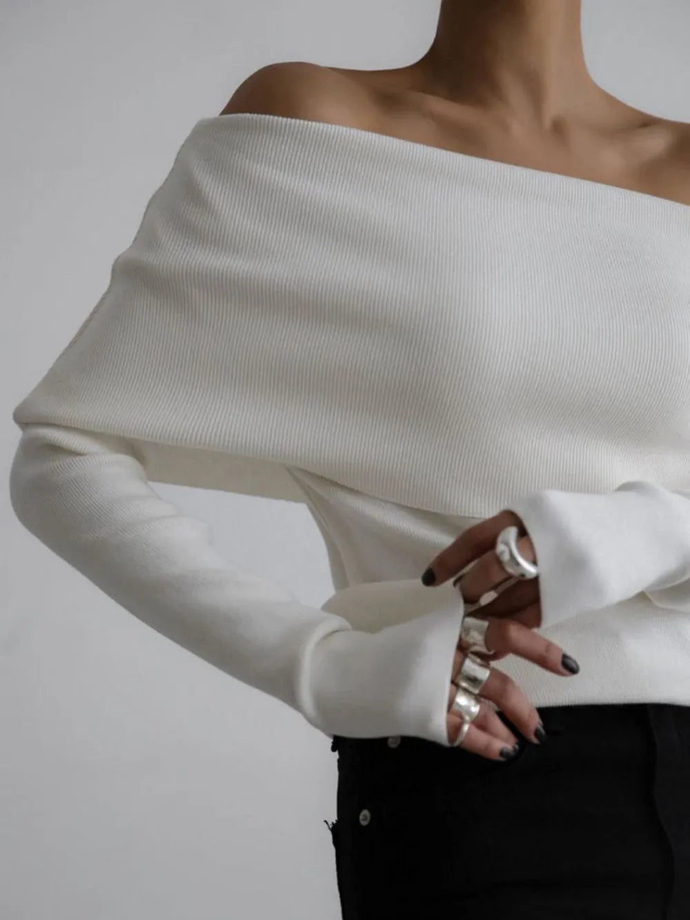 Off-Shoulder Long Sleeve Knit Top | Knit Tops Daverri Fashions