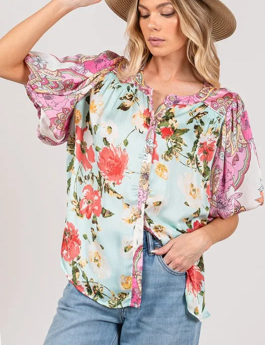 SKY BLUE 2XL SAGE+FIG Plus Size Floral Mineral Wash French Terry Button Up Shirt | Daverri Fashions