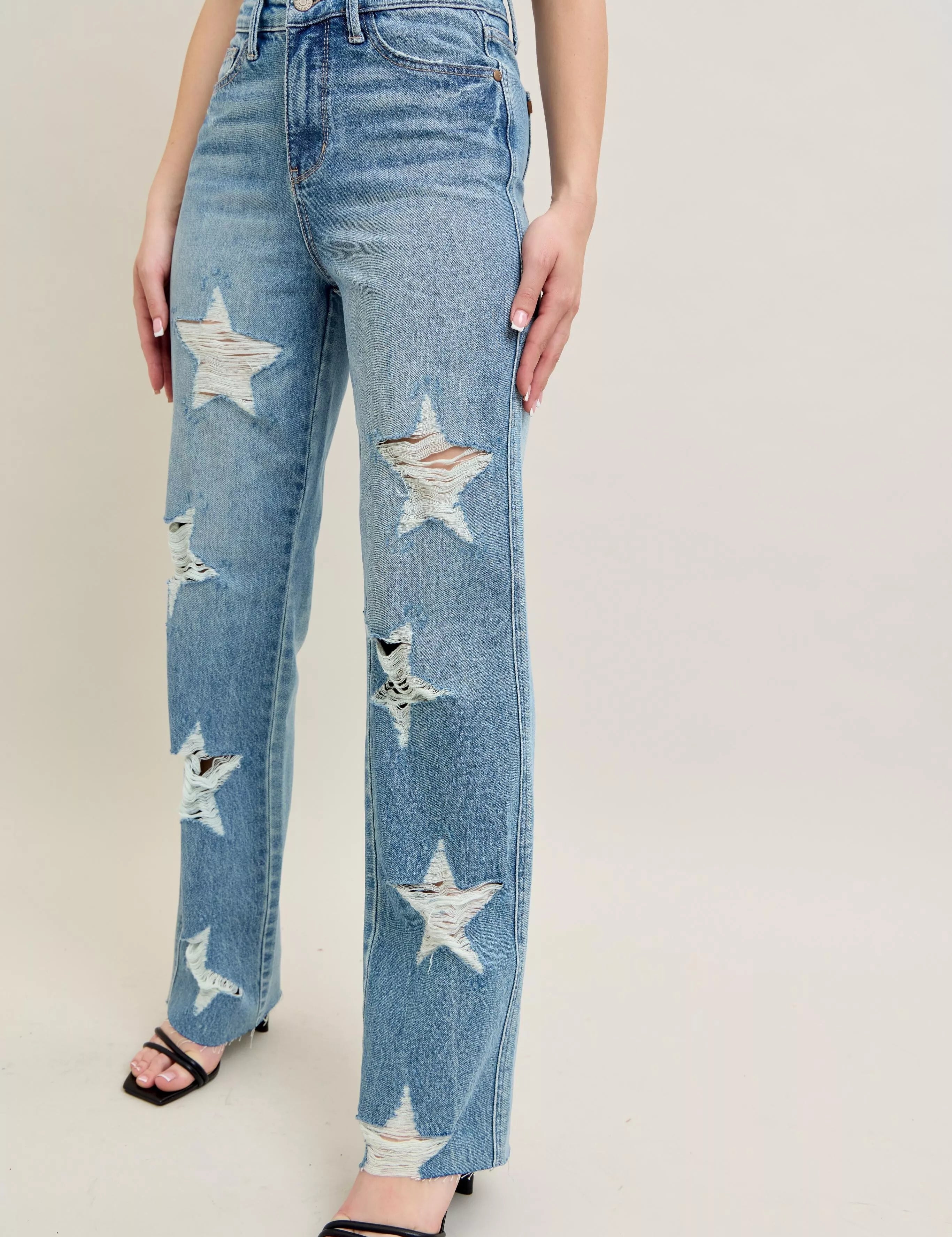 Judy Blue Full Size High Waist Rigid Magic Star Shaped Destroy 90's Straight Jeans Plus Size | Jeans Daverri Fashions