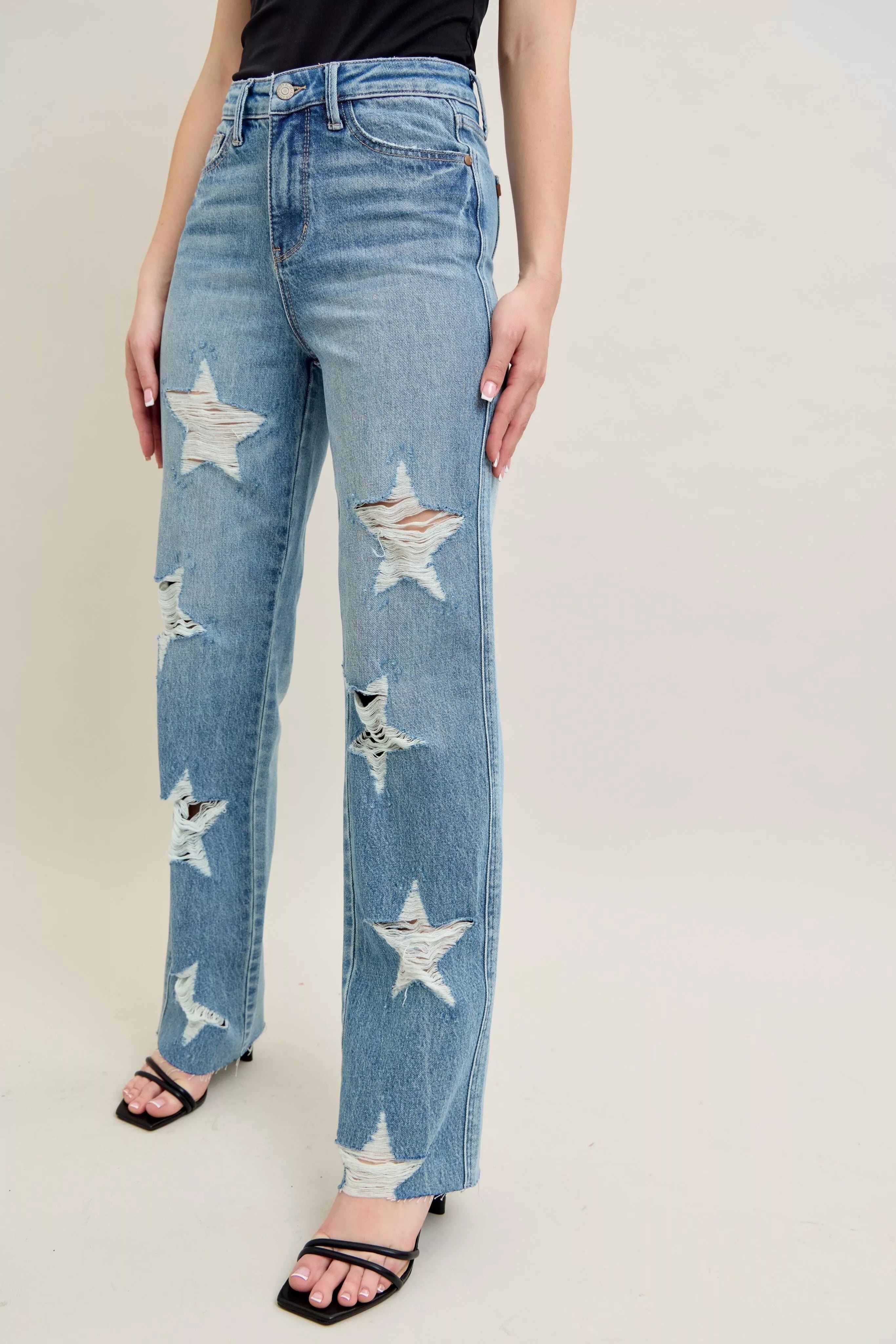 Judy Blue Full Size High Waist Rigid Magic Star Shaped Destroy 90's Straight Jeans Plus Size | Jeans Daverri Fashions