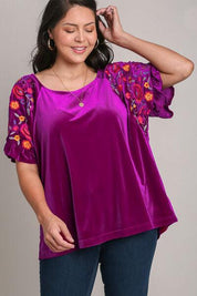 Umgee Full Size Velvet Embroidery Short Sleeve Blouse | Blouses Daverri Fashions