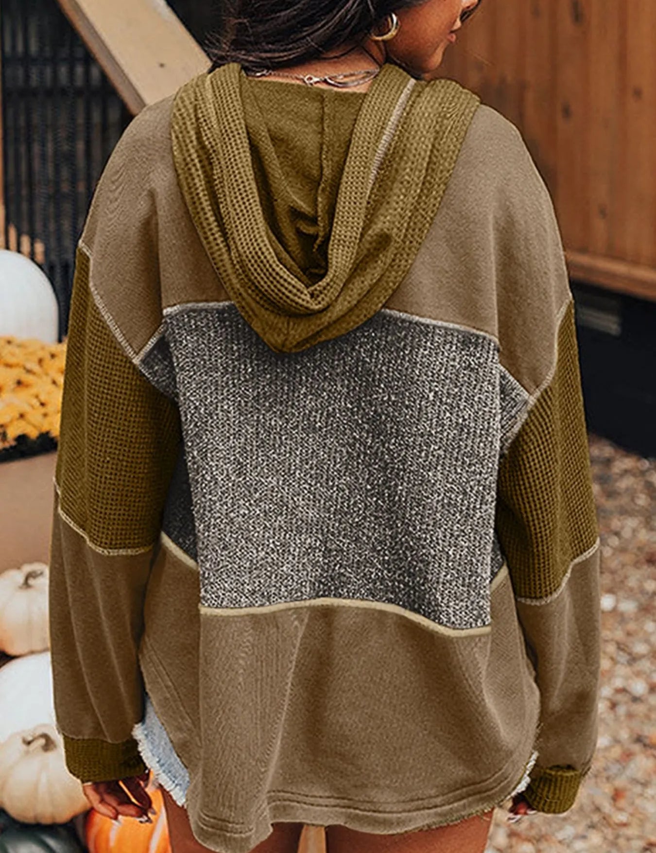 Mixed Texture Patchwork Exposed Seam Half Button Hoodie | Hoodies Daverri Fashions