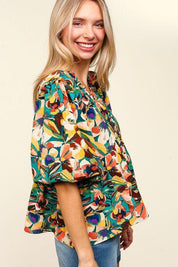Haptics Full Size Frill Floral Puff Sleeve Peplum Blouse | Blouses Daverri Fashions