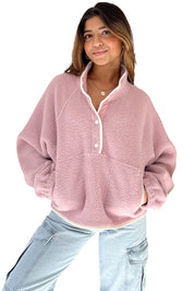 Fushia Stand Neck Half Button Zip Pocket Plush Sweatshirt | Sweatshirts Daverri Fashions